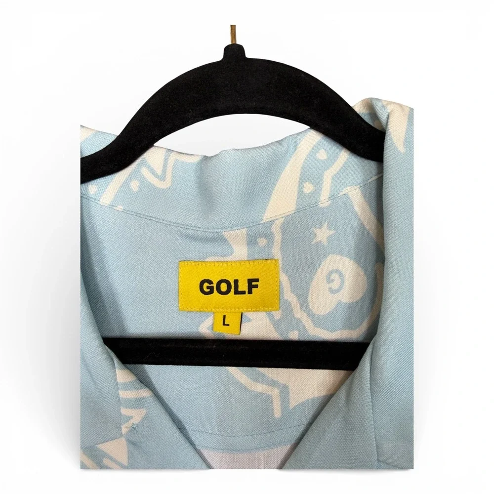 GOLF WANG Paisley Button Up Shirt Men L Light Blue Camp Loop Collar Short Sleeve